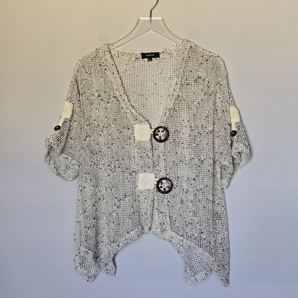 Kaktus Mesh Lagenlook Shark Bite Hi-Lo Top Tan Cream Knit Button-Front Cardigan
